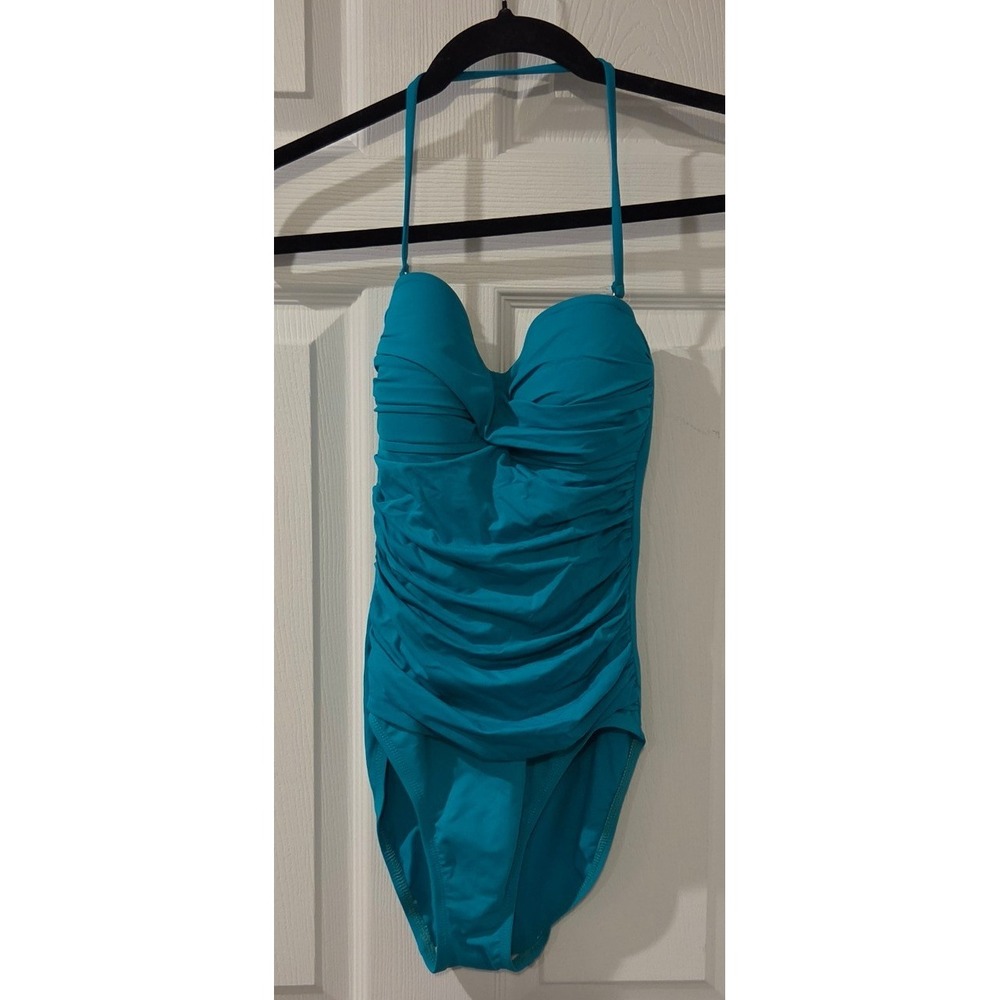 La Blanca One Piece Swimsuit 4 Teal Ruched Tummy Control Bandeau Strapless